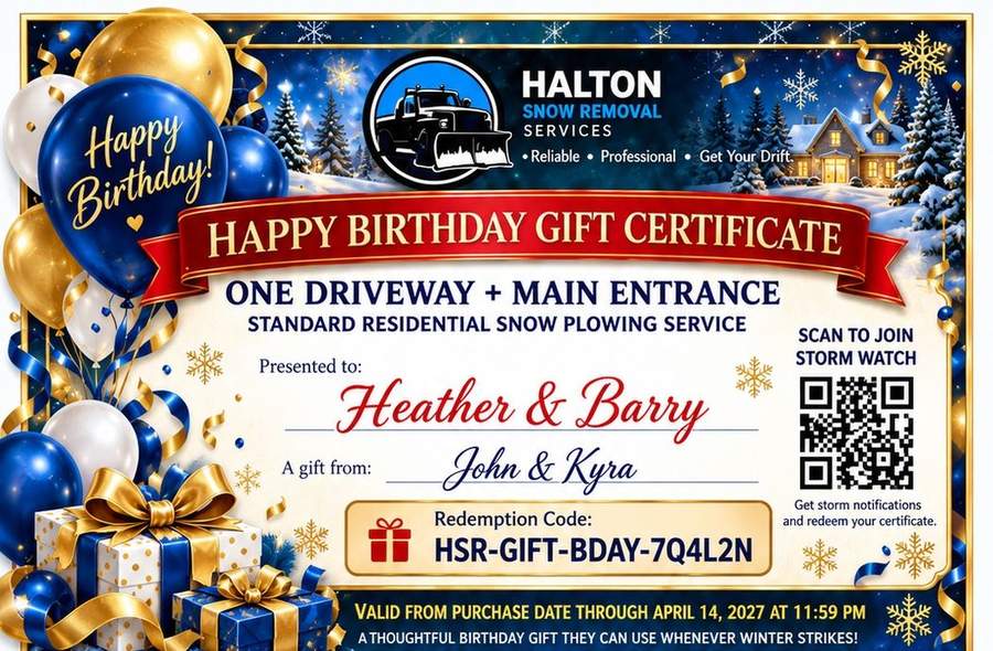 HSR Happy Birthday snow removal gift certificate with decorative birthday artwork