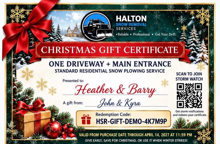 HSR Christmas snow removal gift certificate with festive red ribbon, evergreens and snowy decorations