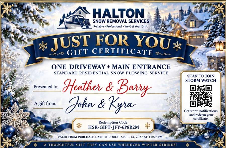 HSR Just for You snow removal gift certificate with blue and silver winter artwork