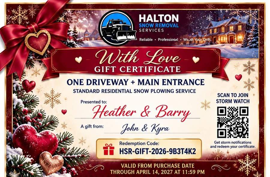 HSR With Love snow removal gift certificate with romantic heart-themed artwork